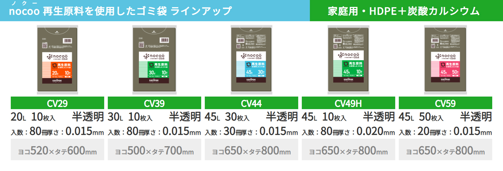 再生原料を使用したゴミ袋HDPEラインアップ